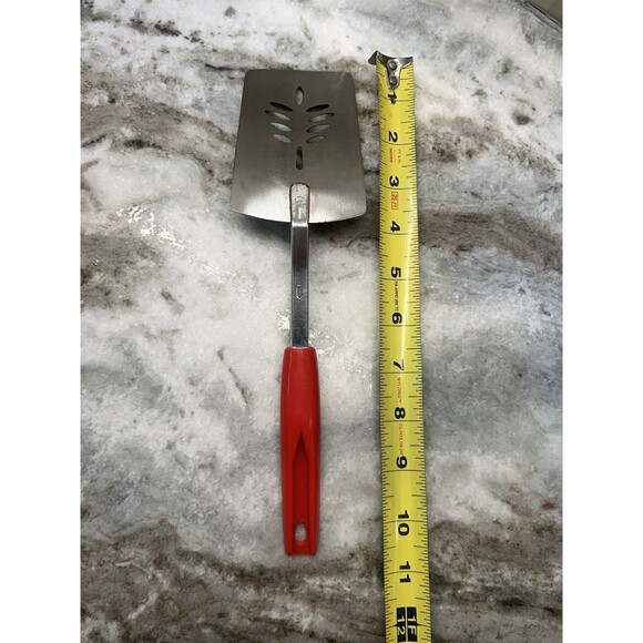 Vintage Metal Slotted Spatula Flipper Turner Red Handle 11” Leaf Design Kitchen - Picture 8 of 9